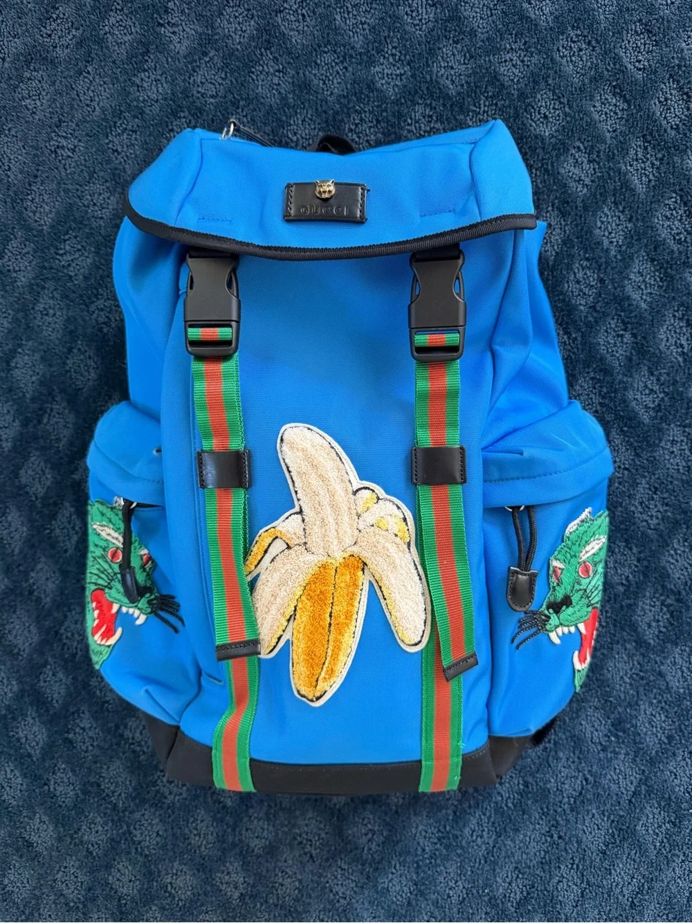 Gucci Animalier Web Blue Backpack Line Banana Tiger Sherry